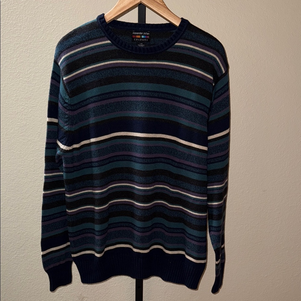 Alexander Julian Colours Cotton Striped Crewneck Sweater Blue Black Men’s Size L